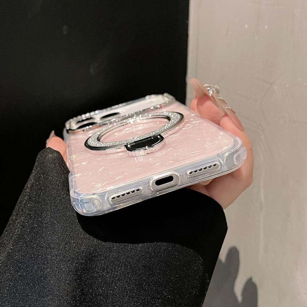 KEYSION Magnetische Muscheltextur Juwelenbesetzte Handyhülle für iPhone 14 15 17 Pro Max Air 16Plus Stoßfestes Panzer-Ringständer-Backcover