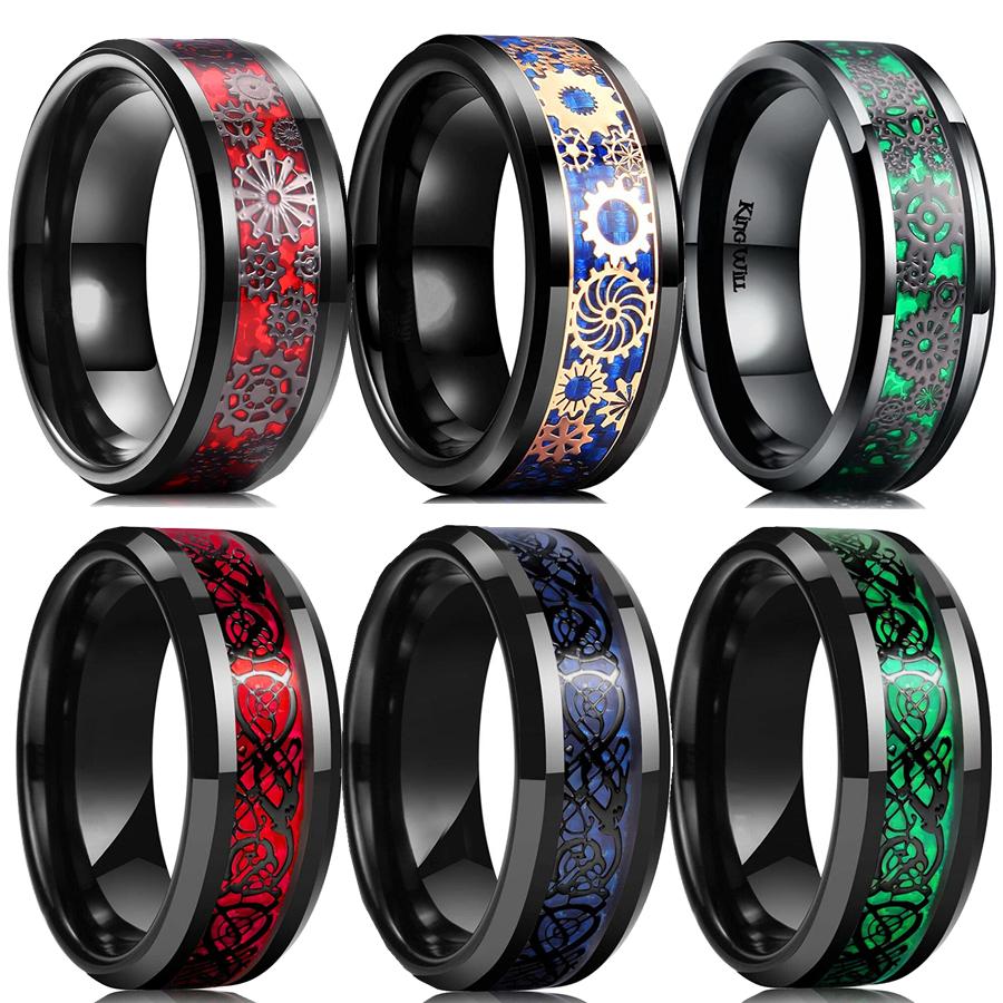 

Винтажное мужское стимпанк черное колесо с вольфрамовым кольцом кельтский дракон инкрустация красное кольцо из углеродного волокна из нержавеющей стали мужское обручальное кольцо