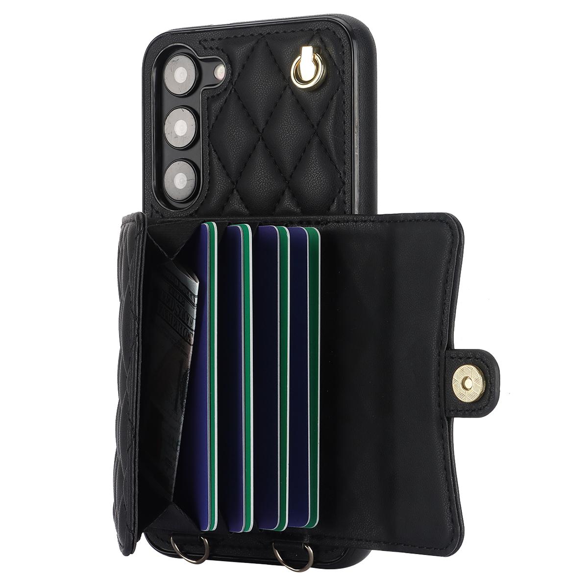 

026 For Samsung Galaxy S23 Kickstand Case Card Slots Crossbody Phone Cover Black