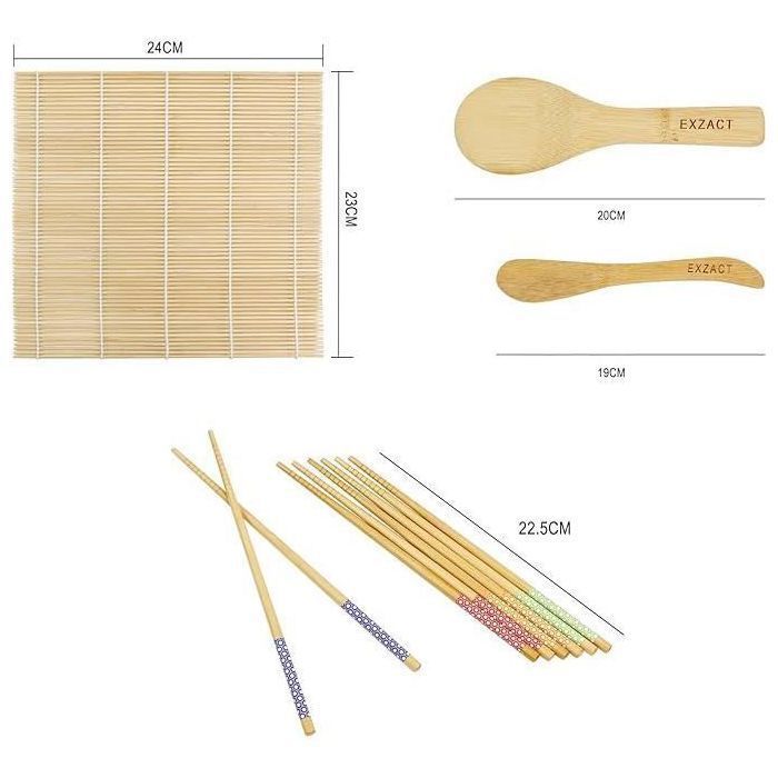 Kit de sushi - EXZACT - Ensemble 8 pièces - Tapis en bambou - Pagaie et épandeur de riz - Baguettes incluses