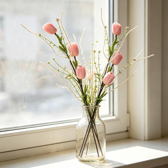 Artificial Tulip Flower Realistic Fake Flower Bouquet Long Stem Faux Floral Arrangement for Home Office Wedding Decoration