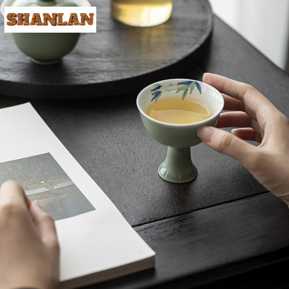 2pc/lot Green Plum High-feet Teacup Boutique Ceramic Master Cup Small Tasting Mug  Antique Meditation Cup Cafes Teaset 70ml