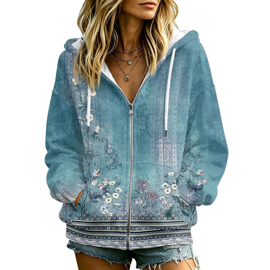 Damen Casual Kapuzenjacke mit Blumendruck, Langarm, mit Taschen und