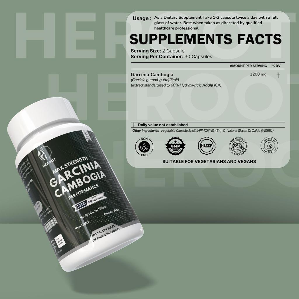 Heroot Garcinia Cambogia Kapseln 1200mg, HCA 95% Extrakt, 60 Kapseln für das tägliche Wohlbefinden