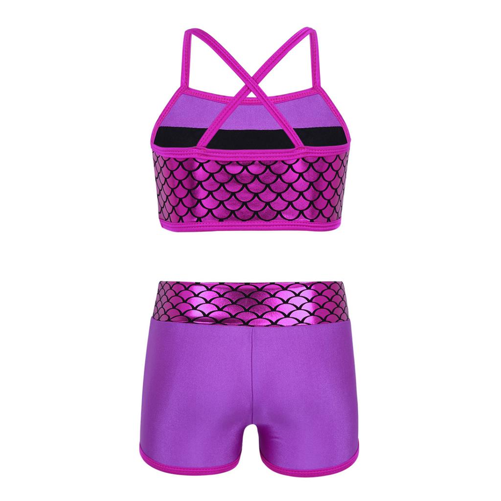 Kids Girls Swimming Dance Athletic Outfit Shoulder Straps Sequins Crop Top+Shorts Gymnastics Clothes