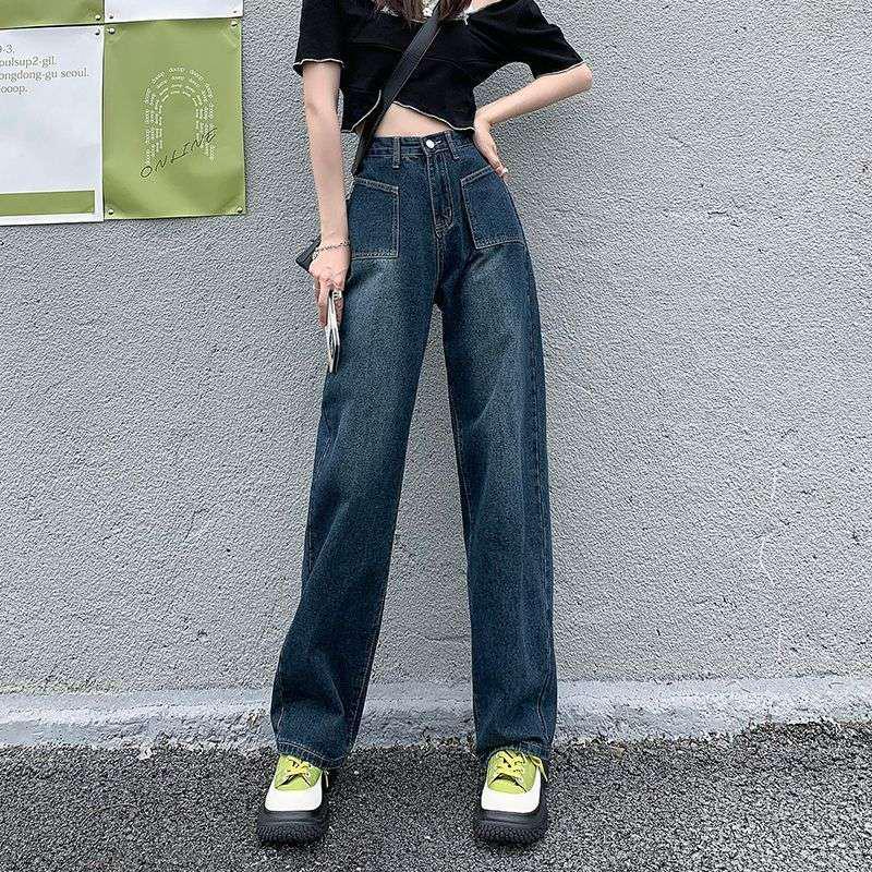 

Retro Blue Women s Wide-Leg High-Waisted Jeans - 2026 New Loose Straight-Leg, Floor-Length Slimming Pants L темно-синий
