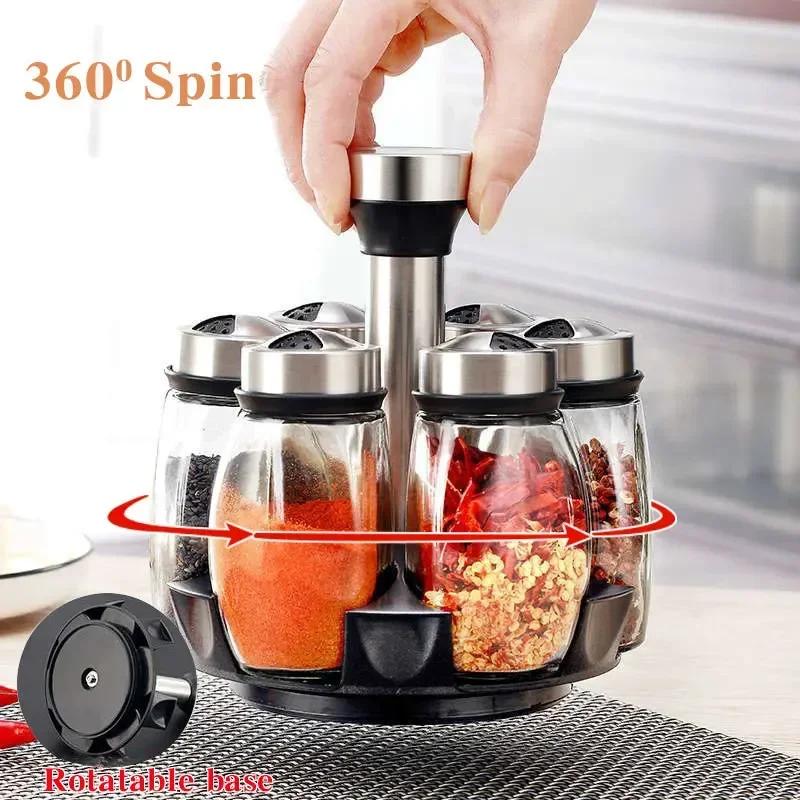 Compact Glass and Stainless Steel Spice Jar Set with Rotating Rack - 7 Jars for Organized Kitchen Storage