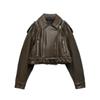 Women Faux Leather Jacket Spring Autumn Female Vintage Loose Zipper Coat with Belt Moto Biker Outwear
