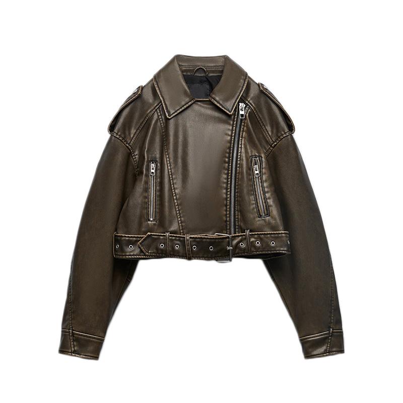 Women Faux Leather Jacket Spring Autumn Female Vintage Loose Zipper Coat with Belt Moto Biker Outwear