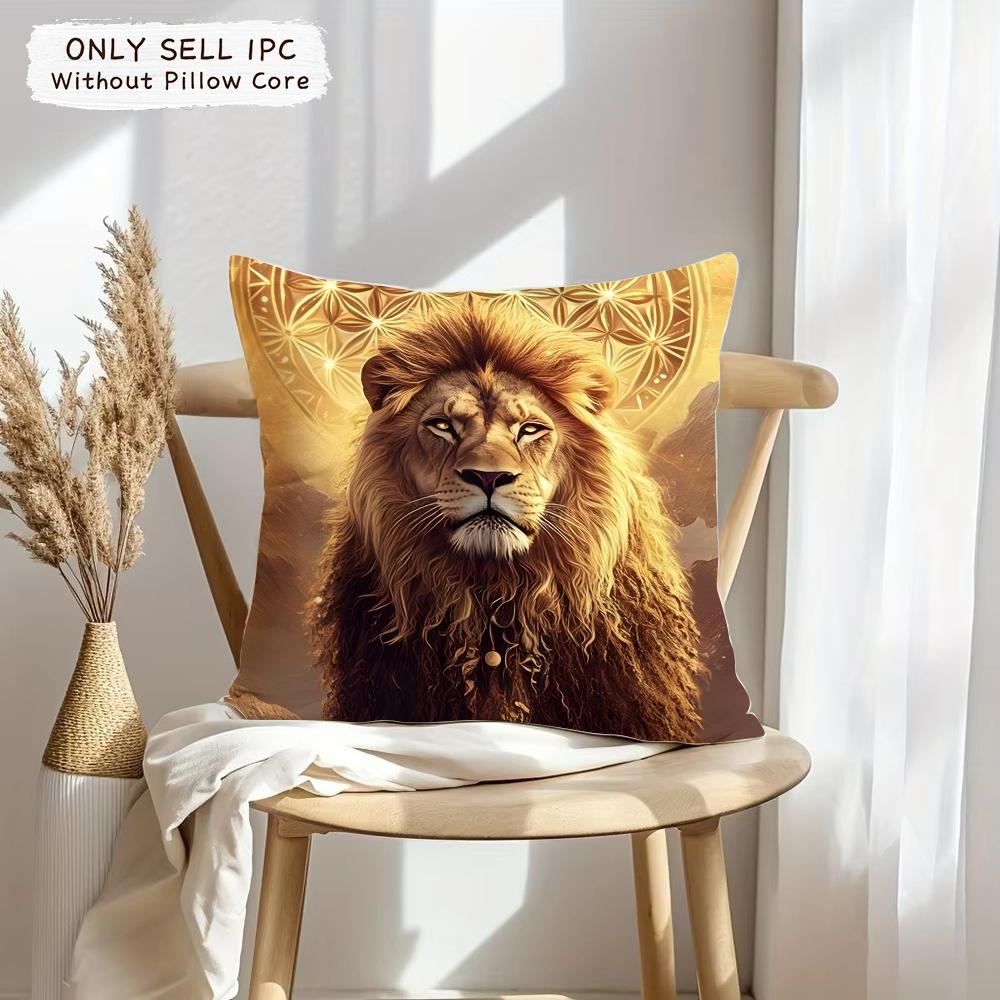 Cool Lion Cushion Cover Soft Plush Fabric Double-Sided Printed Sofa Cushion Cover For All Seasons Home Decor Gift