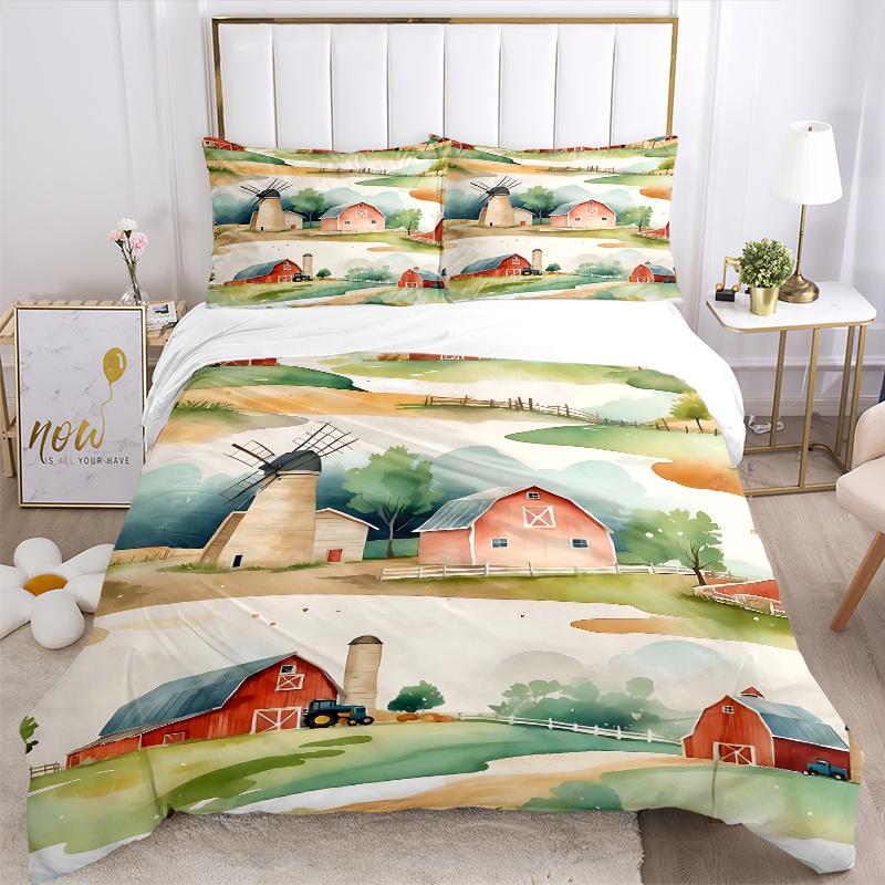 3pcs Serene Countryside Illustration Printed Quilt Set, Includes 1 Quilt Cover and 2 Pillowcases