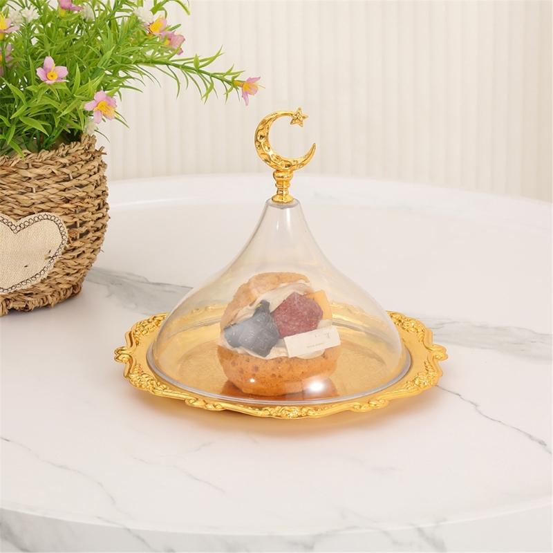Multipurpose Snacks Storage Serving Platter With Acrylic Dome Lid Ramadans Dessert Display Tray For Kitchen And Party Use