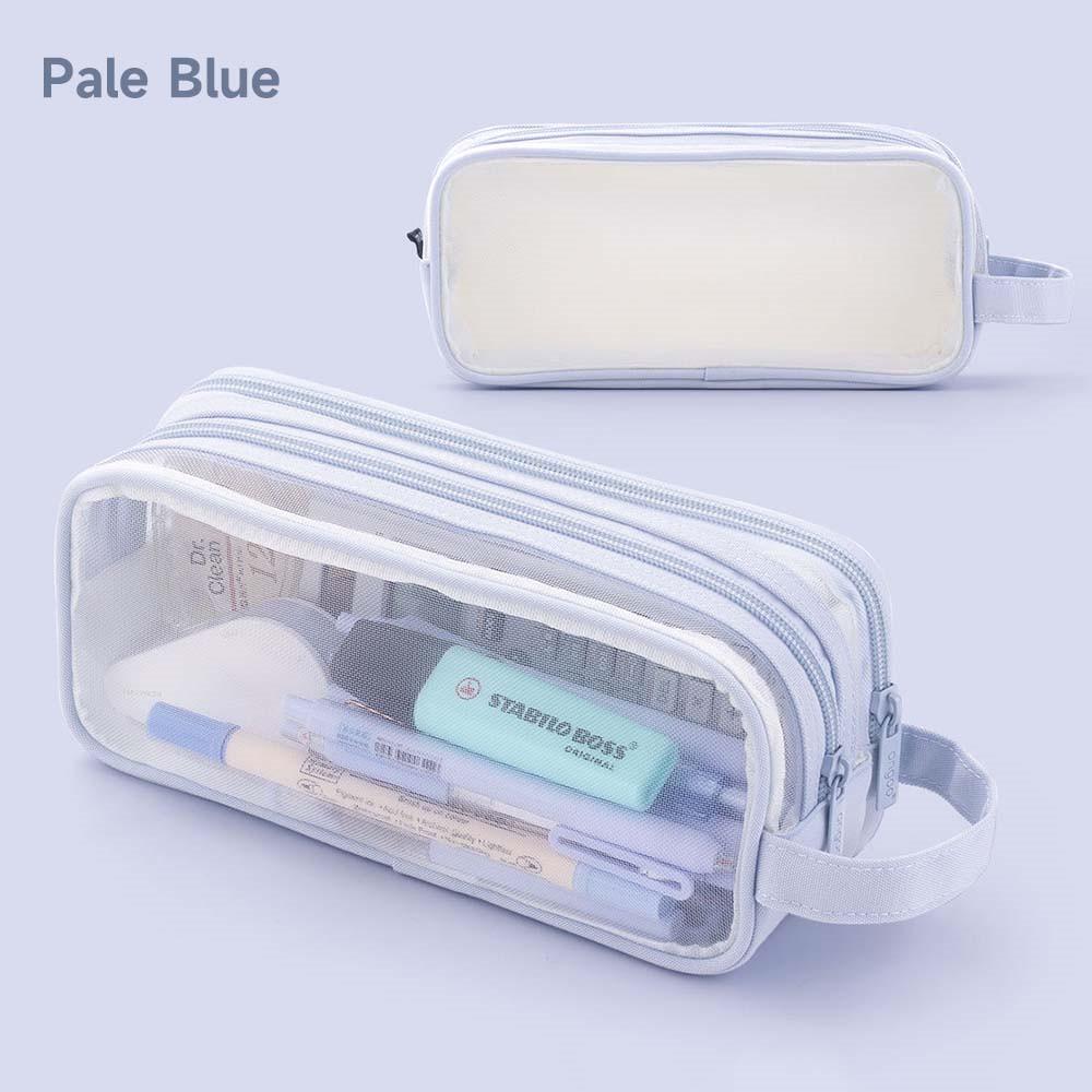 Large Grid Mesh Pencil Case 2 Compartment Pen Bag Clear Handheld Multifunction Pencil Pouch Transparent Makeup Bag for Children