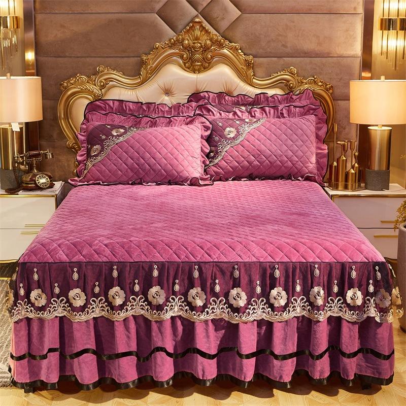 European-Style Crystal Velvet Lace Bed Skirt Winter Fleece-Lined Warm Quilted Bed Cover Bed Skirt Cover Bedding
