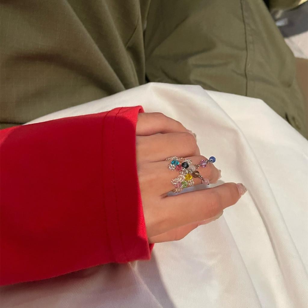 Crystal Colorful Cute Ring With Tassel And Flower Design Korean Small Forest Yuxin Style Ins