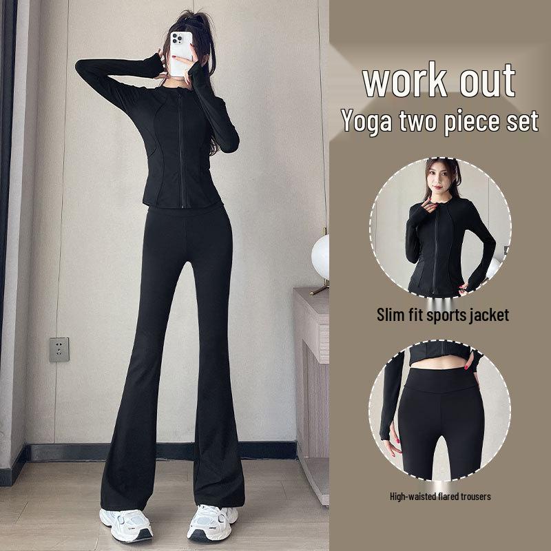 Damen Frühling/Herbst 2024 High-End Sport Fitness Yoga Set: Jacke & Schlankmachende Micro-Flare-Hose