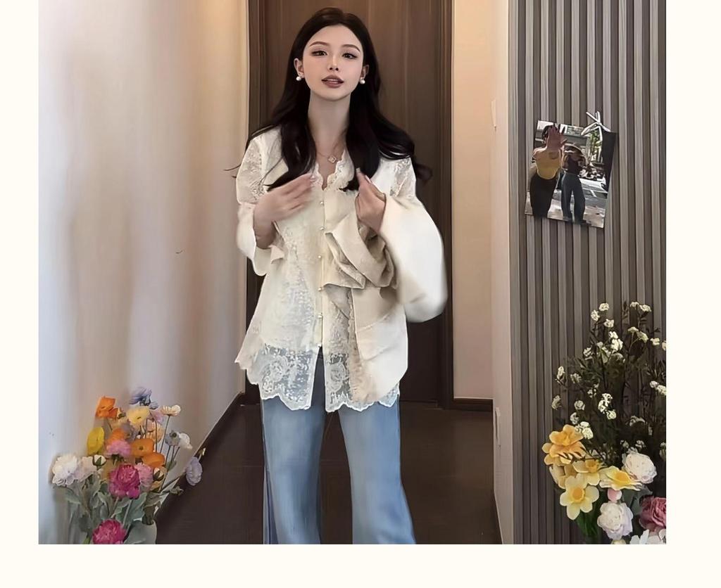 Stylish Women's Chinese-Style Vest & Lace V-Neck Long Sleeve Blouse Set