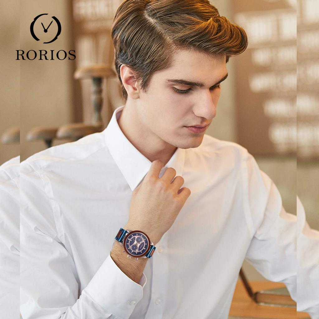 RORIOS watch Men's Alloy & Wood Wristwatch, Natural Wood, Popular, 30M Water Resistant, Calendar, Quartz Movement, Multi-Function, Unique Design for
