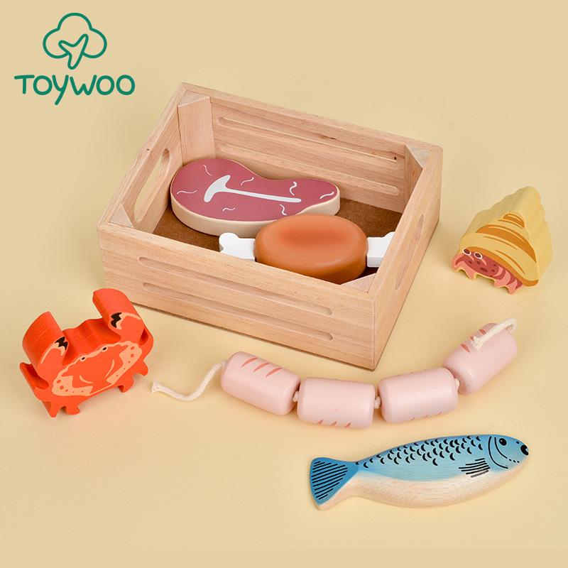 

Kids Playhouse: Oak Wood Frame Kitchen Set with Toy Fruits, Vegetables, Desserts, and Seafood for Boys and Girls