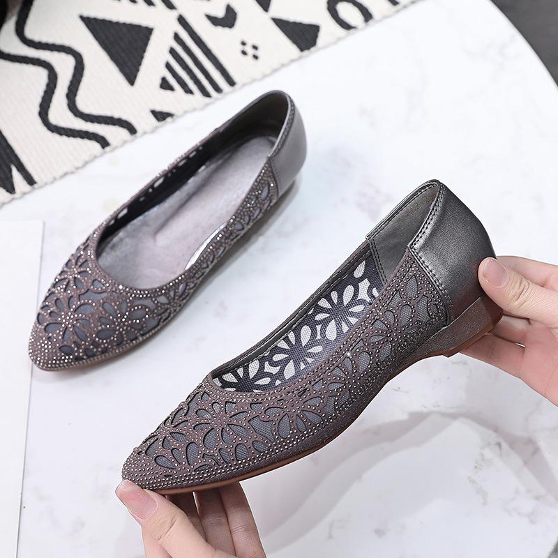 GKTINOO Spring Summer Hollow Genuine Leather Pumps Women Shoes Med Heels Square Heel Mesh Ladies Office Shoes Crystal