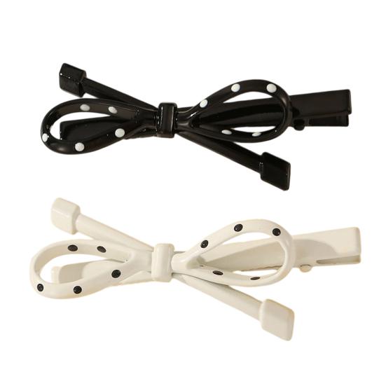 2Pcs French Style Hairpin Dot Print Hollow Bow Design Hair Clips Face Slimming Versatile Hair Accessory