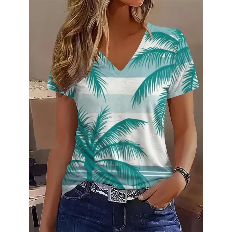 Fashion Women's V-Neck Short Sleeve 3D Casual Color Printing Casual Short Sleeve V-Neck T-Shirt