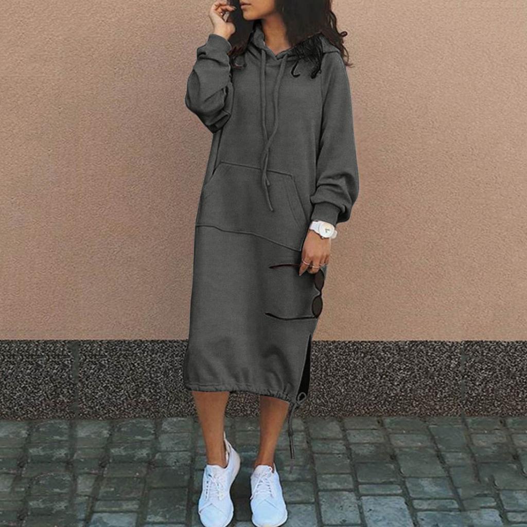 Lässiges Sweatshirtkleid für Damen mit langen Ärmeln, Kapuze und Tasche