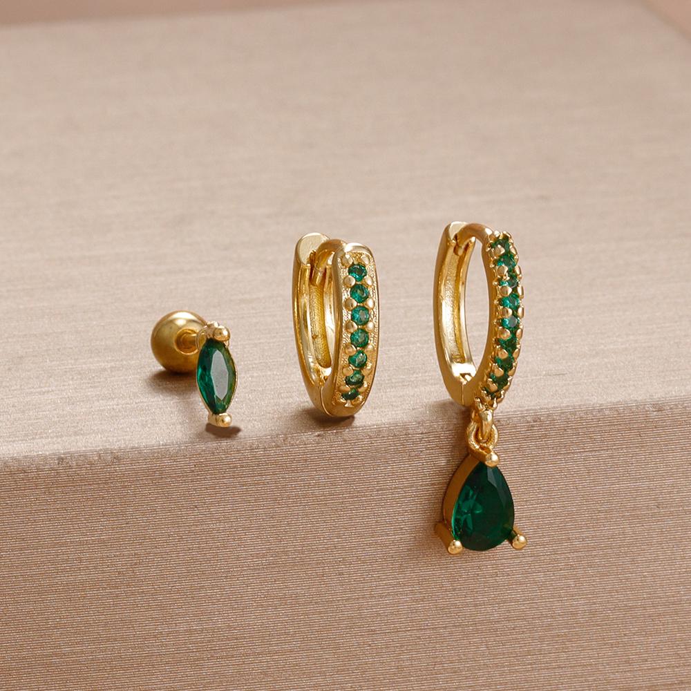 3PCS Simple Fashion Blue Flower Drop Earrings Set For Women Girl 18K Gold-Plated Zirconia Star Sun Stud Earring Piercing Jewelry
