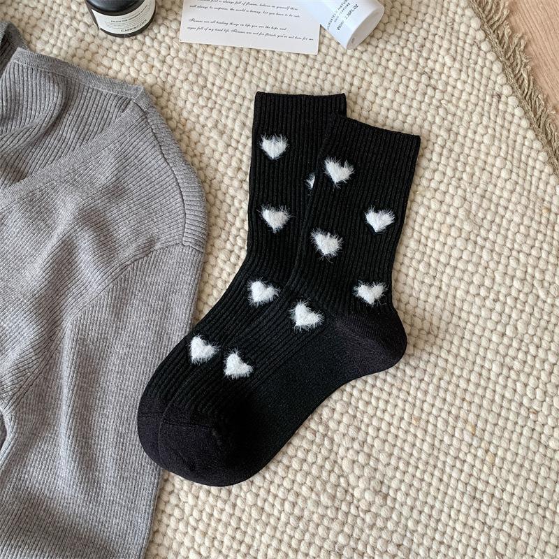 New Flocked Love Imitation Cashmere Socks Vertical Bar Mid-Leg Socks Thickened And Warm, Solid Color Simple Stacked Socks