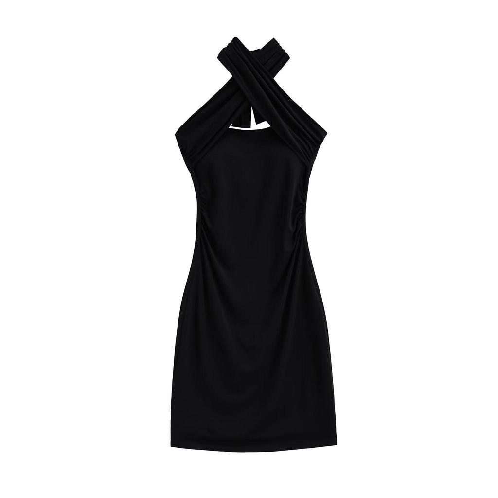 Elegant Halter Neck Cross Strap Bodycon Dress: Mature, Fashionable, Slim Fit Short Skirt for Women 2026.