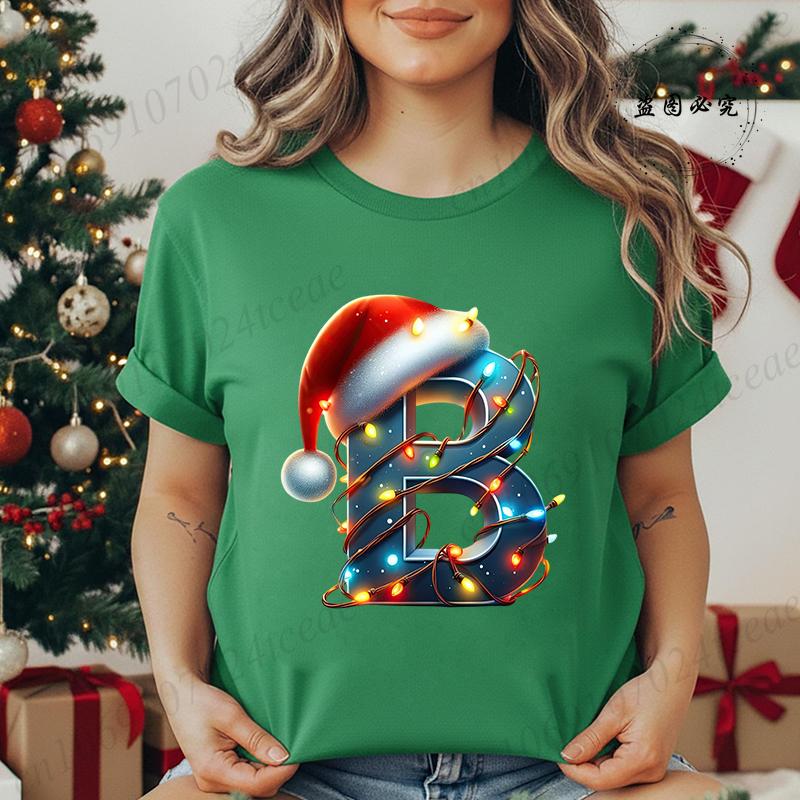 Women's Casual T-Shirt Christmas-lights-wrapped-letter Graphic Tshirt Christmas Design Round Neck Short Sleeve Tee Shirt Clothes