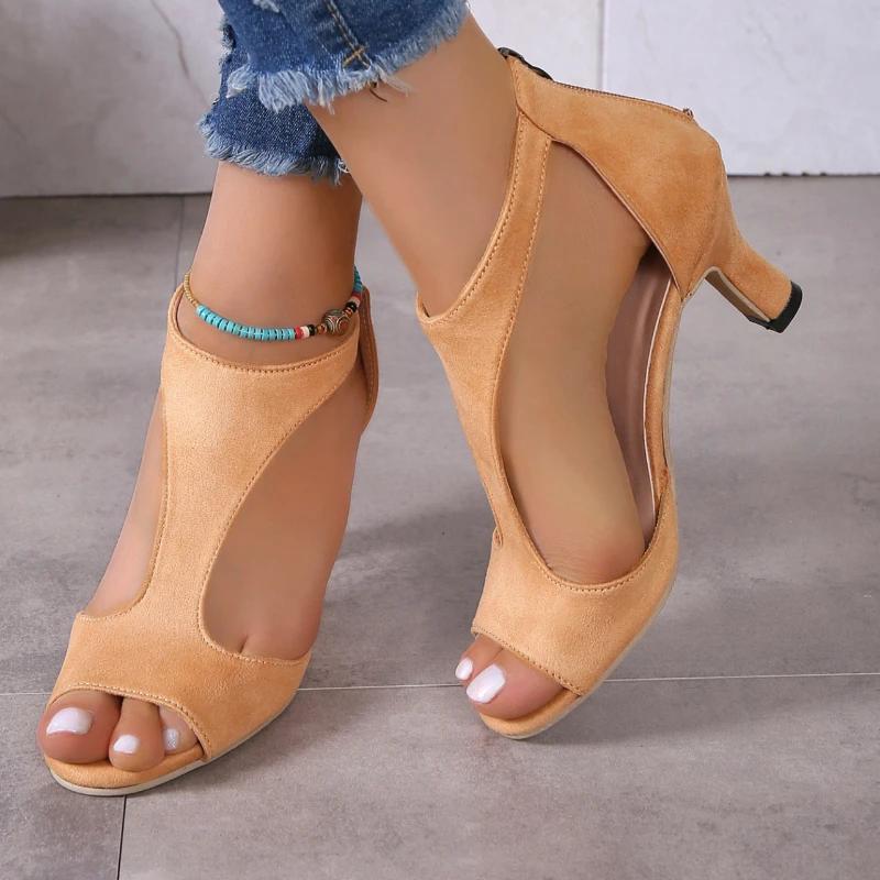 fashion Shoes for Women 2024 Fashion Zip Women's Sandals New Solid Office and Career High Quality Fish Mouth Shoes Heeled Sandals Women