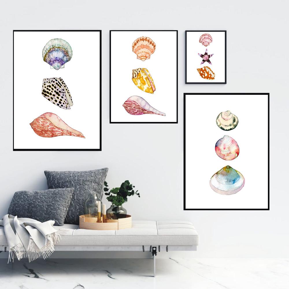 Pastel Colored Sea Shell Watercolor Poster Ocean Pebbles Canvas Painting Wall Art Education Picture Retro Kid Room Home Decor