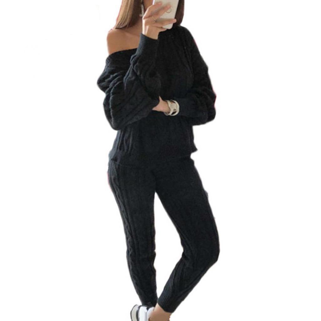 2Pcs/Set Women Solid Color Off Shoulder Sweater Knitted Pants