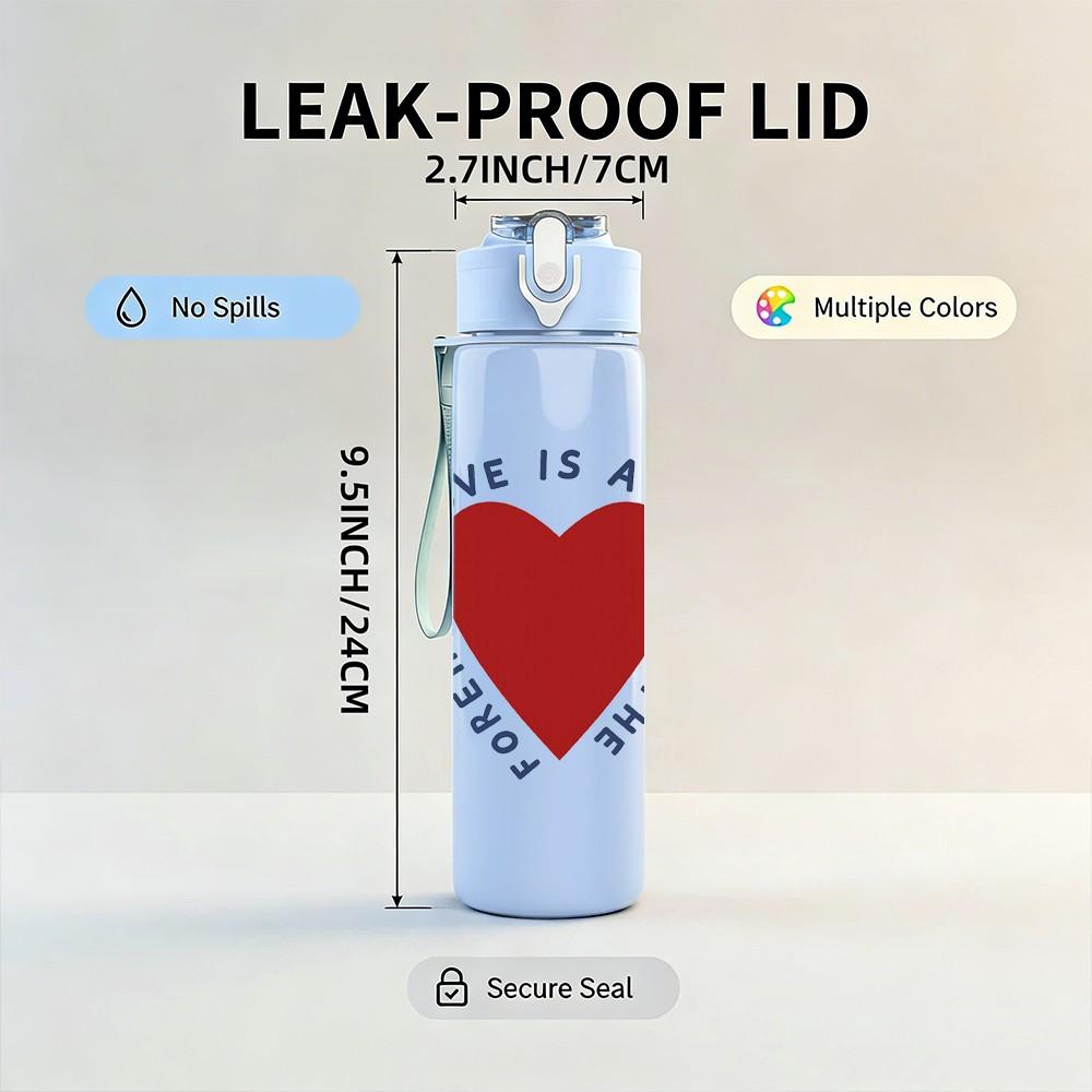 1PC Love Is A Kindness Red Heart Print 750ml Color Plastic Sports Water Bottle Leakproof Flip Straw Lid Suitable for Sports Office Home Use