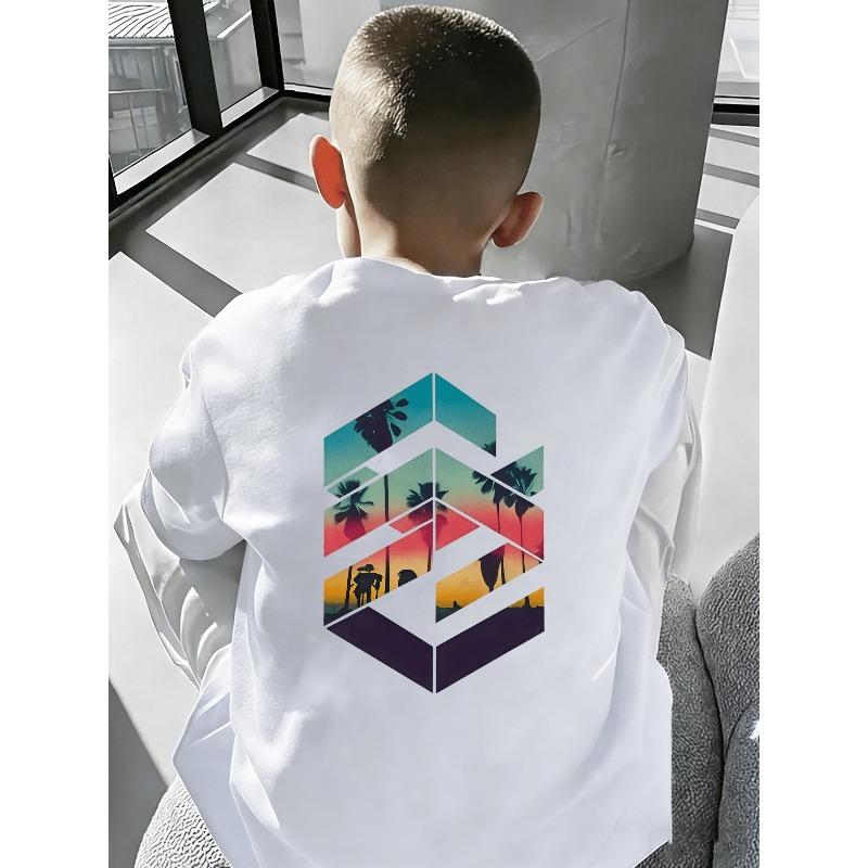 Boys Crew Neck Short Sleeve T-Shirt with Palm Tree & Sunset Gradient Print 110