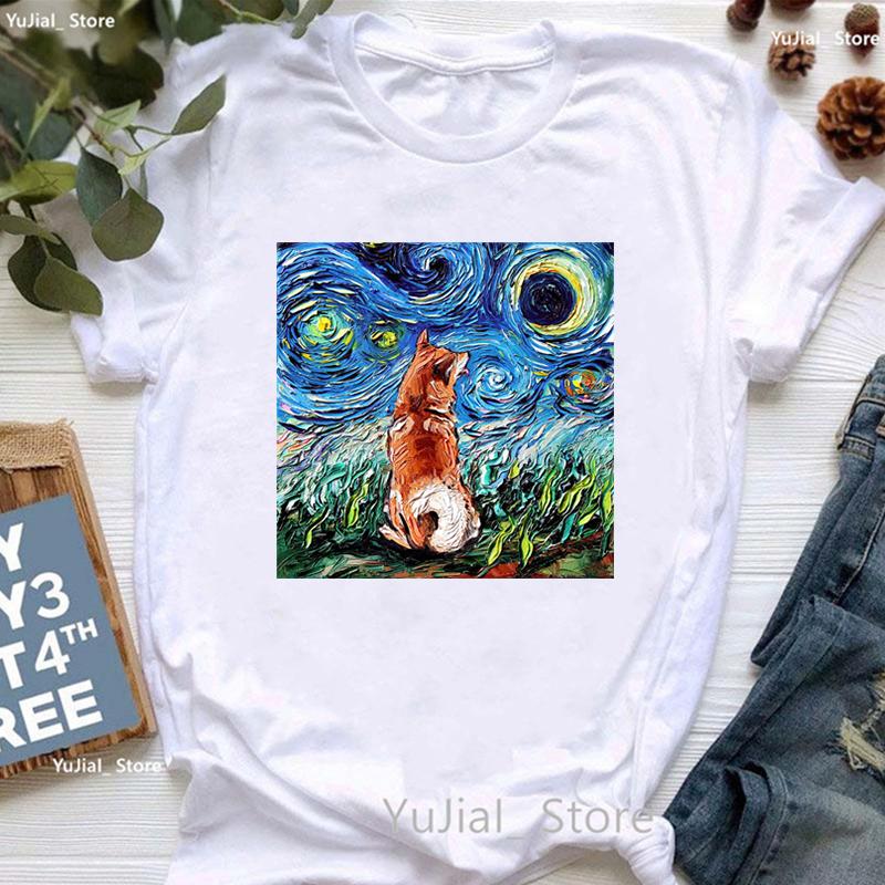 Vintage T Shirt Girls Starry Sky Chihuahua Bulldogaussieyorkshire Terriercatrabbit Print T Shirt Unisex Aesthetic Clothes