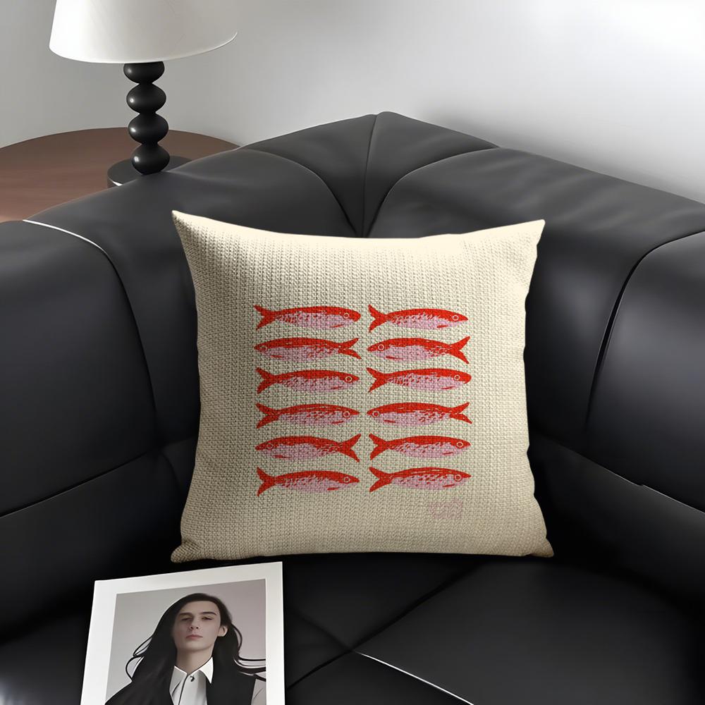 Cute Coastal Charm Sardine Cushion Cover Natural Linen Organic Fabric DoubleSided Printing Sofa Home Decor Gift Pillow Case