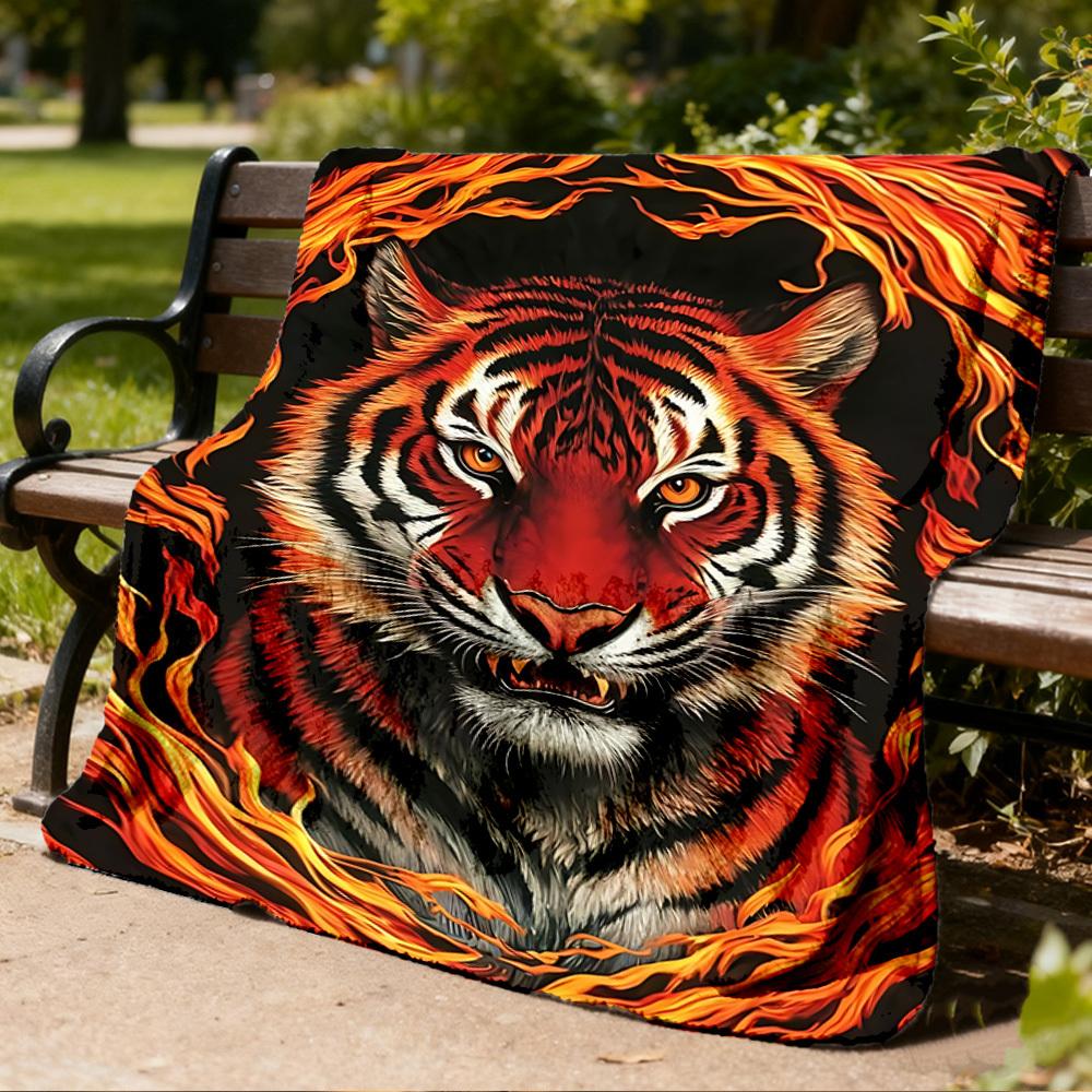 1pc Tiger Flame Print Print Outdoor Blanket, Lightweight Polyester,