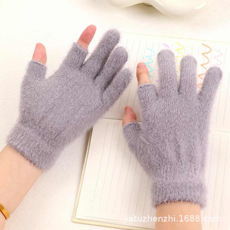 Winter Two Finger Touchscreen Rib Stitch Jacquard Plush Warm Knit Student Thick Half Finger Gloves