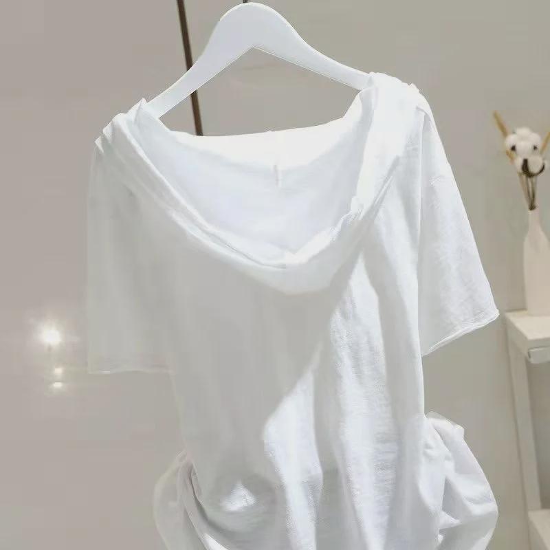 T-shirt a maniche corte con cappuccio da donna, modello ampio e aderente, ideale per la primavera e l'estate, top pullover versatile.