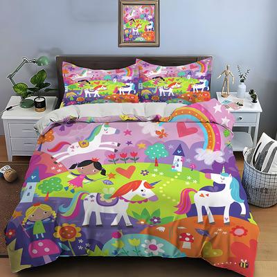Rainbow Unicorn Fairy Tale Scene Bedding Set For Kids Luxury Gift 3Pcs Digital Print Comforter Set Soft Comfortable Breathable