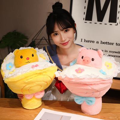 35CM Creative Lovely Plush Pig Rabbit Bear Toys Holding Flowers In Hand Toy Funny Bouquet Turn To Pillow Home Decoration Gift