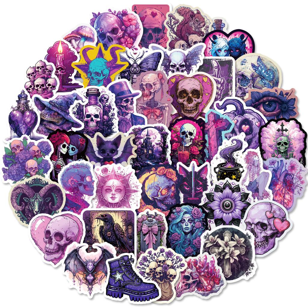 50 Gothic Stickers Cartoon Handbook Personality Horror Purple Skull Halloween Thriller Decorative Stickers