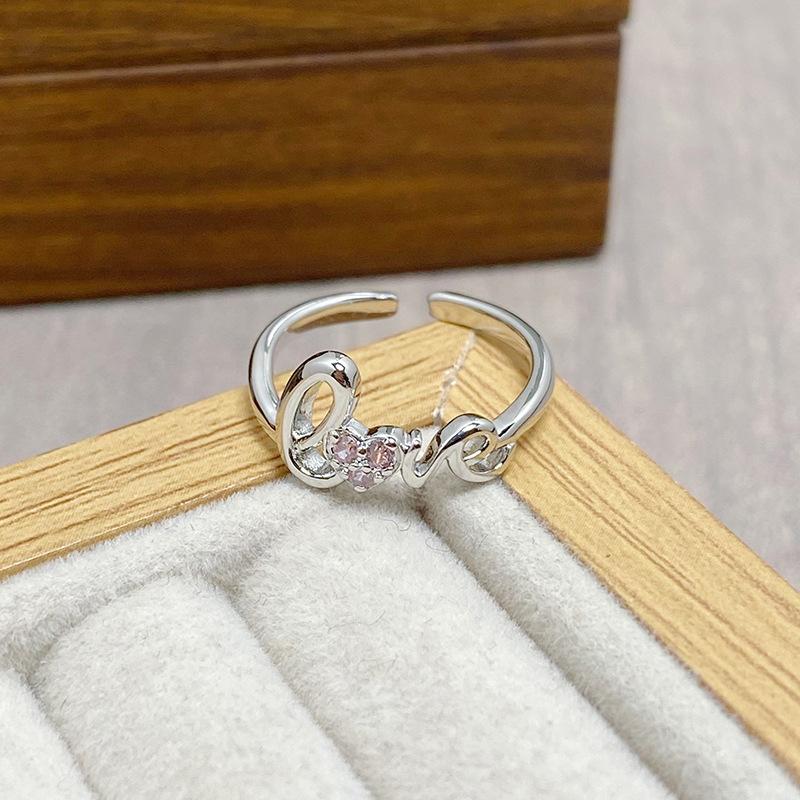 Qixi Festival Sweet Letter Love Pink Diamond Zir*****Pen Ring Niche Simple Stacking Temperament Fashion Ring