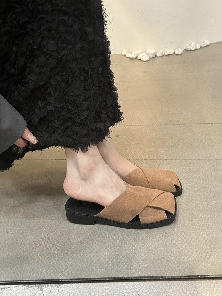 Retro suede square head half slippers women's outer wear spring and summer 2025 new French niche one-pedal sandals