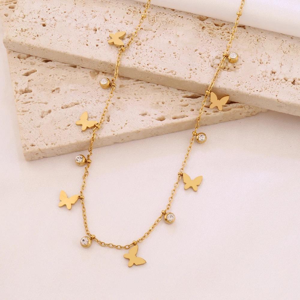 316L Stainless Steel Butterfly Tassel Pendant Necklace For Women Fashion Gold Color Zircon Charms Chain Necklaces Jewelry