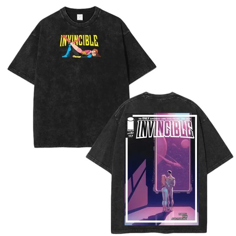 Invincible Graphics Unisex Heavyweight Cotton Vintage Washed T-shirt 2026 Summer New Men's Fashion O-neck American Anime T-shirt Female Male Clothing
