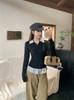 Plus Size Women's Polo Collar Long Sleeve Patchwork T-shirt with Tie-up Waist