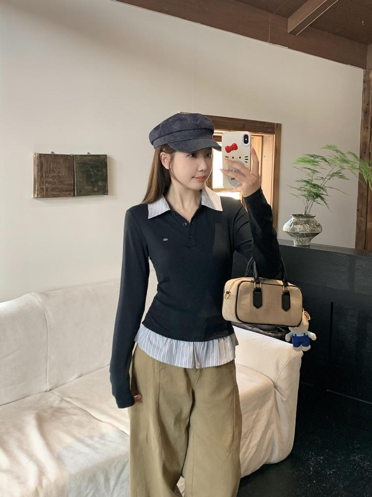 Plus Size Women's Polo Collar Long Sleeve Patchwork T-shirt with Tie-up Waist